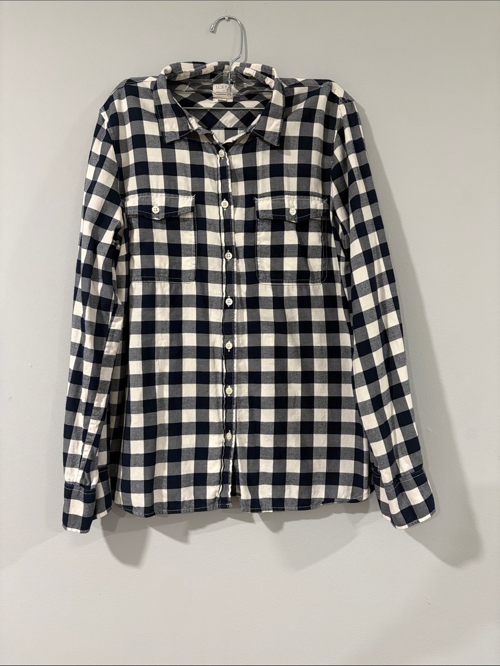 J CREW NAVY & WHITE BUFFALO CHECK BUTTON DOWN SHIRT 100%COTTON SIZE L